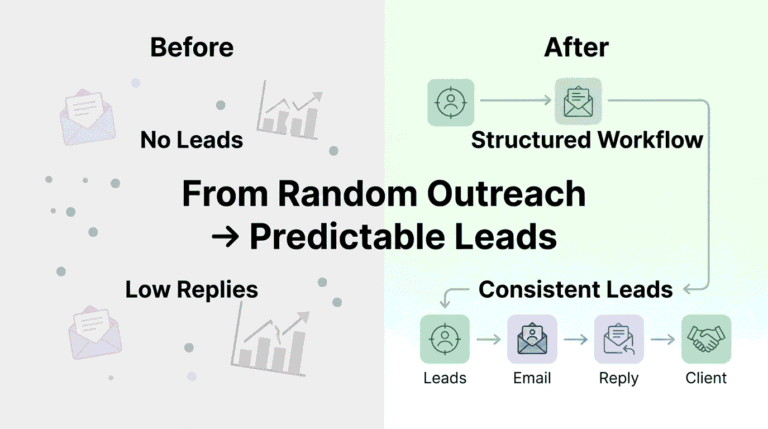 A comparison of an unorganized outreach process labeled "No Leads" and "Low Replies" with scattered icons versus a "Structured Workflow" creating "Consistent Leads" with connected, step-by-step icons.