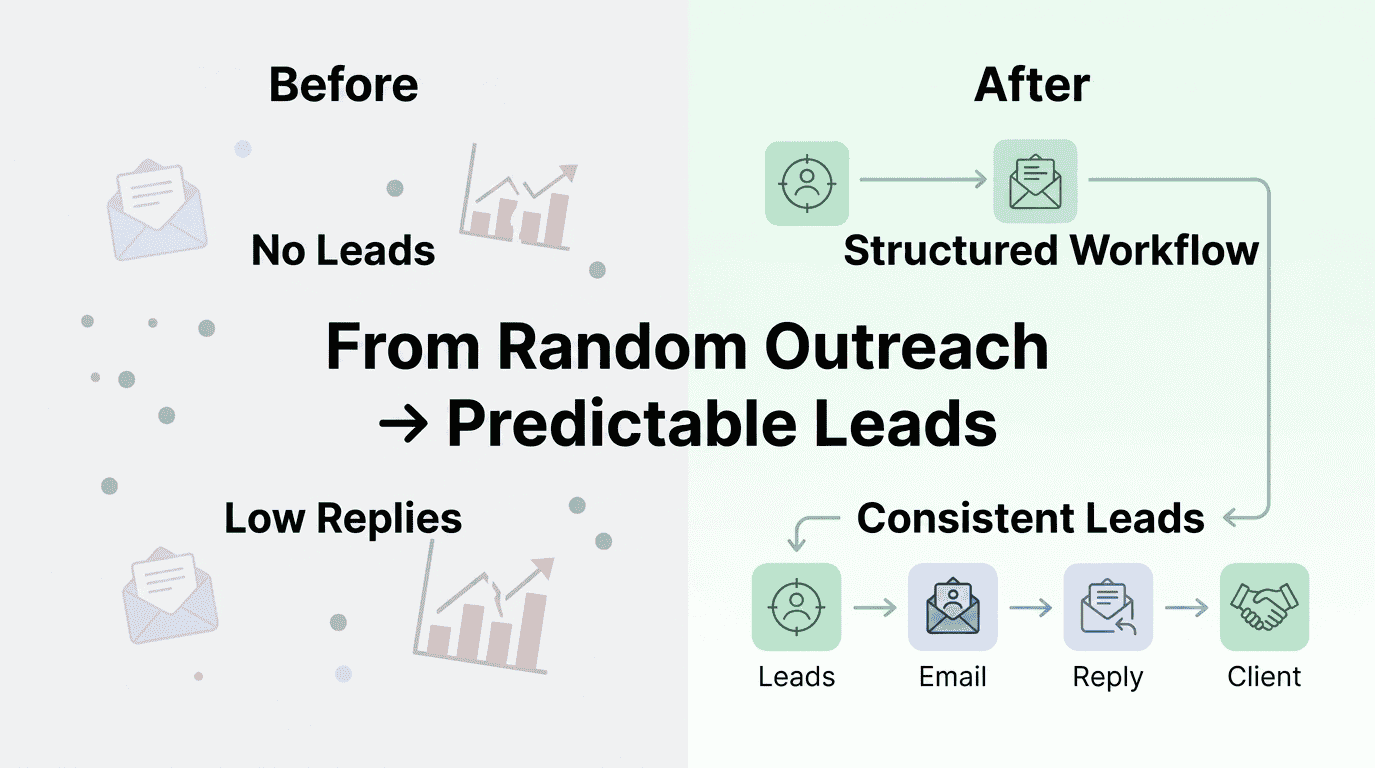 A comparison of an unorganized outreach process labeled "No Leads" and "Low Replies" with scattered icons versus a "Structured Workflow" creating "Consistent Leads" with connected, step-by-step icons.