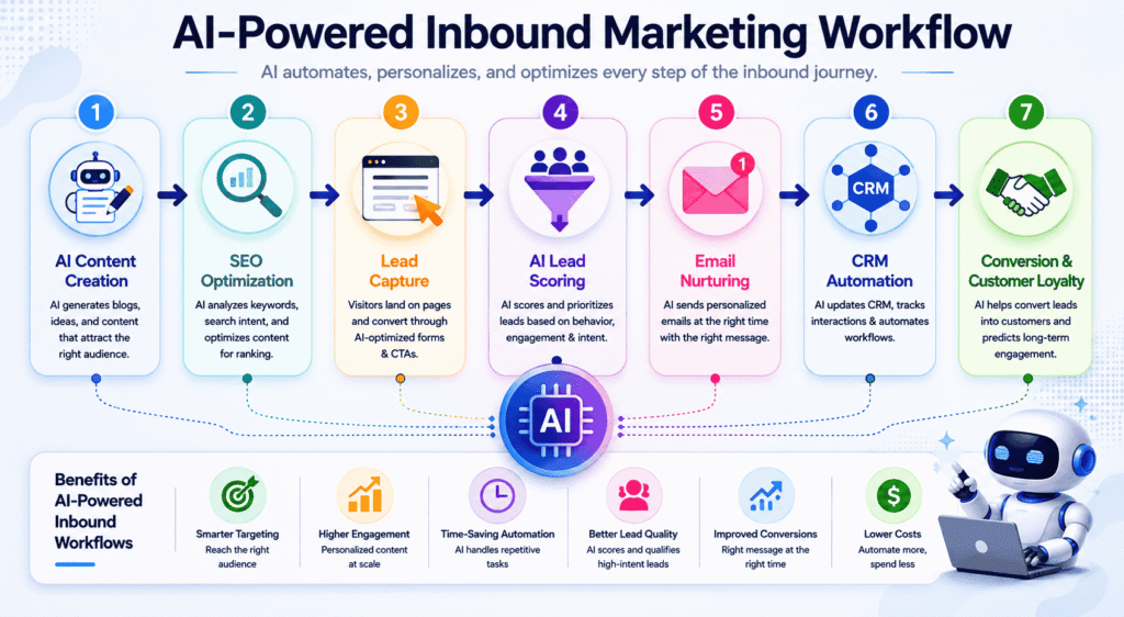 Inbound Marketing Workflow for Small Businesses 6 AI-powered inbound marketing workflow diagram showing AI content creation, SEO optimization, lead capture, AI lead nurturing, lead scoring, CRM automation, personalized follow-ups, and conversion growth.