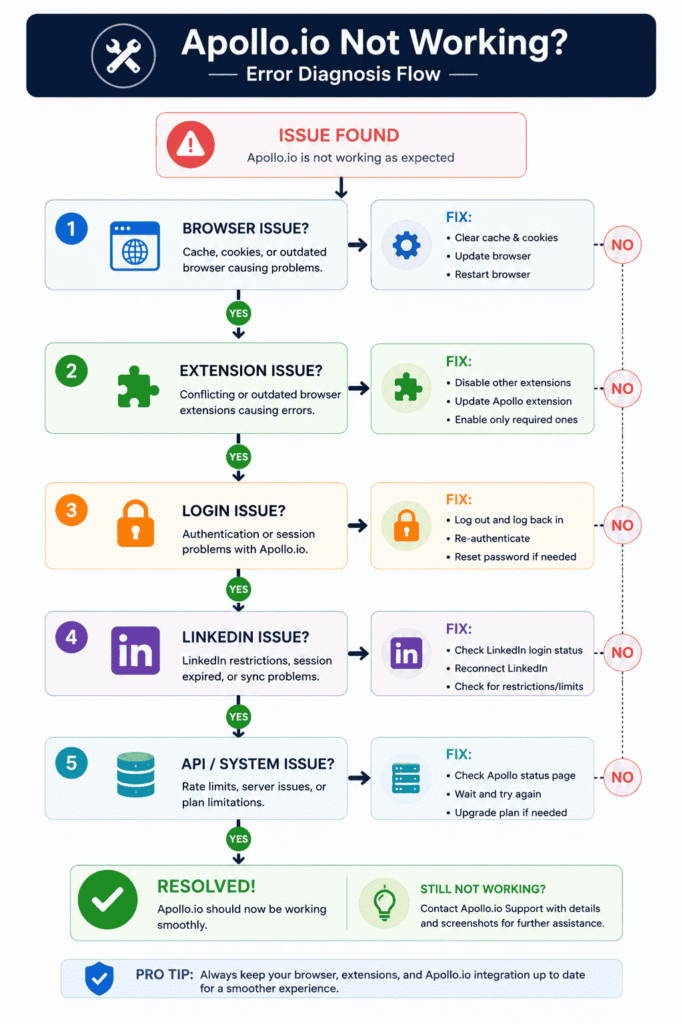 Step-by-step Apollo.io troubleshooting flowchart showing issues like browser, extension, login, LinkedIn, and API problems with fixes leading to resolution or support contact.