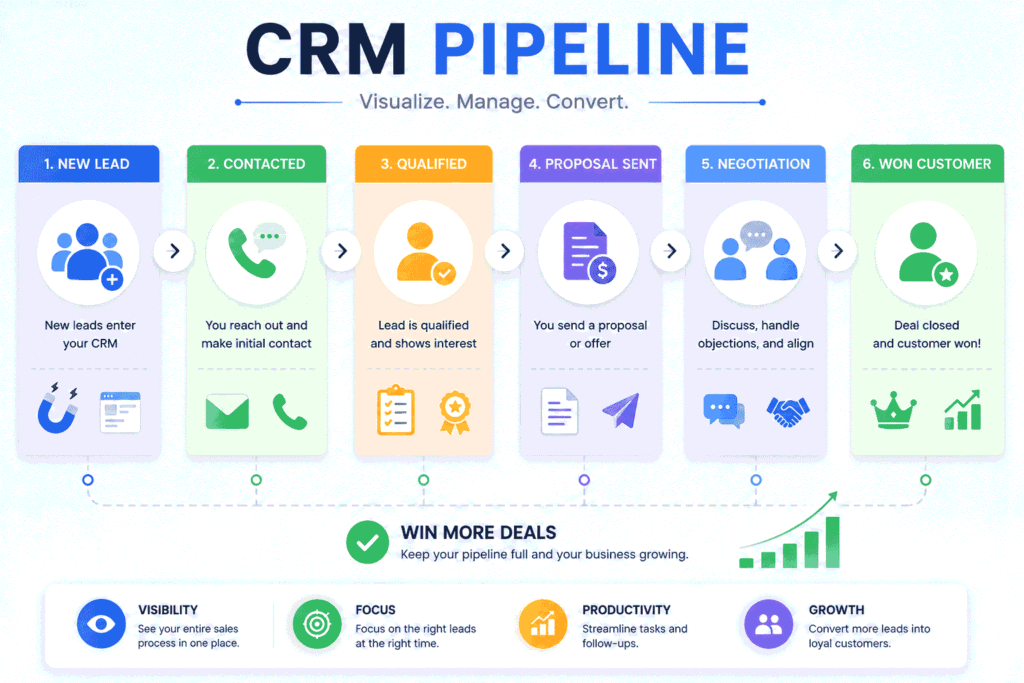 How to Convert Leads Into Customers Effectively (Complete Guide) 6 CRM sales pipeline showing lead stages from new lead and qualification to proposal, negotiation, and customer conversion.