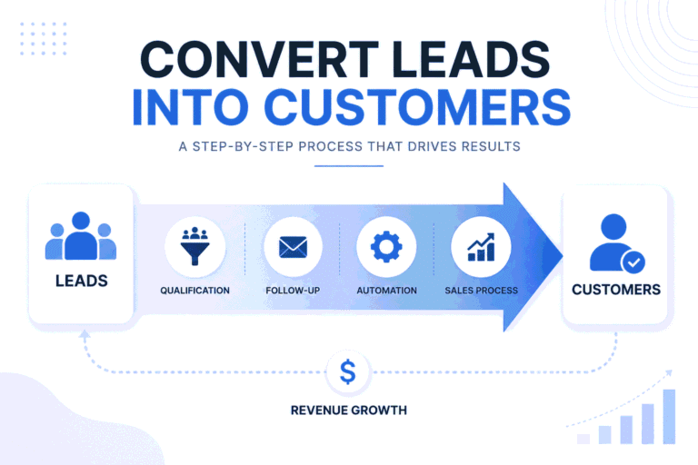 Professional lead conversion workflow showing leads moving through qualification, follow-up, automation, and sales processes to become customers and drive revenue growth.