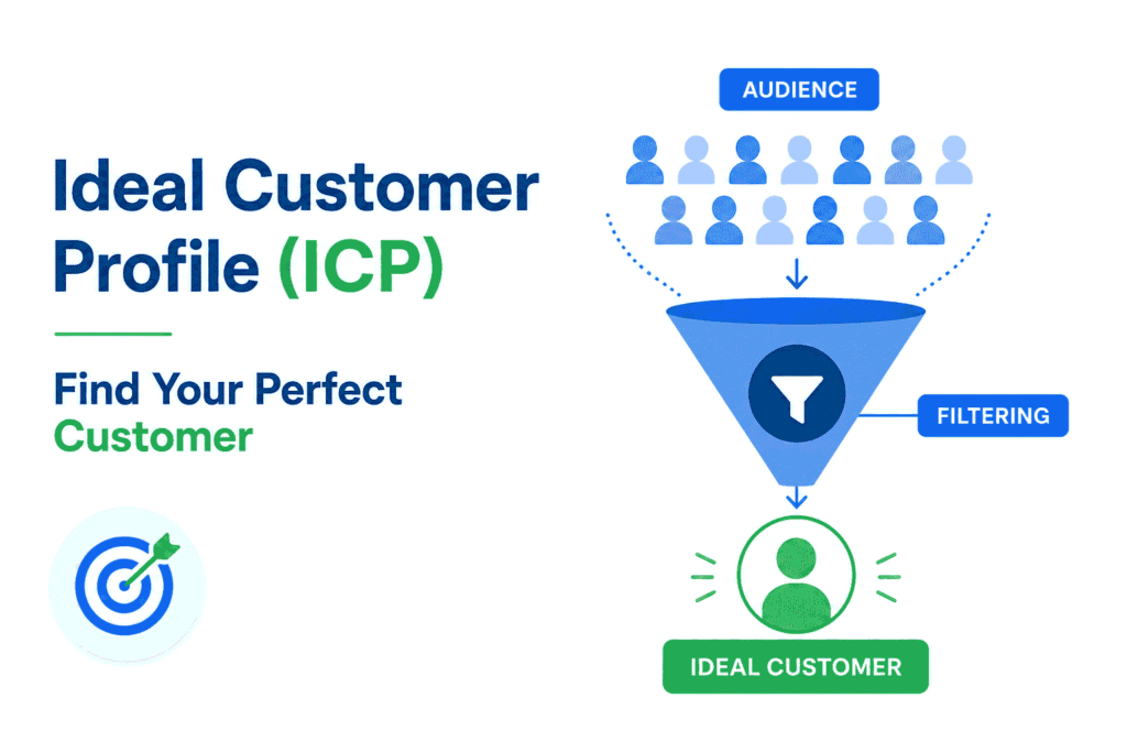 Ideal Customer Profile (ICP) concept showing audience filtering into ideal customers for better B2B targeting and lead generation strategy.