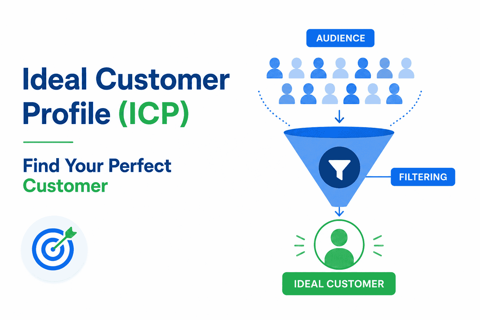 Ideal Customer Profile (ICP) Explained for Beginners 1 Ideal Customer Profile (ICP) concept showing audience filtering into ideal customers for better B2B targeting and lead generation strategy.