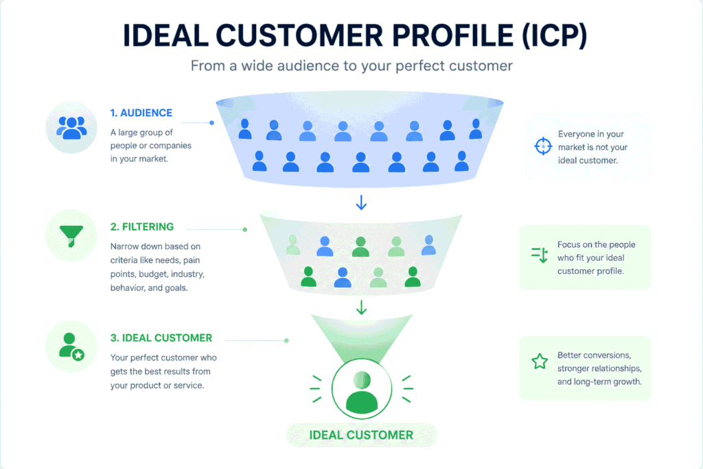 ICP Funnel Diagram showing audience narrowing from broad market to filtered leads to a single ideal customer representing targeted customer profiling and segmentation process.
