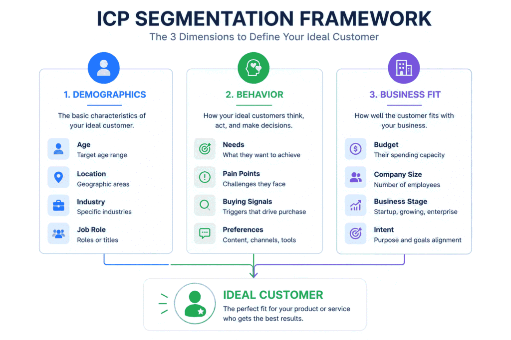 ICP Segmentation Framework showing three core dimensions—Demographics, Behavior, and Business Fit—converging into an ideal customer profile for targeted marketing and lead generation.
