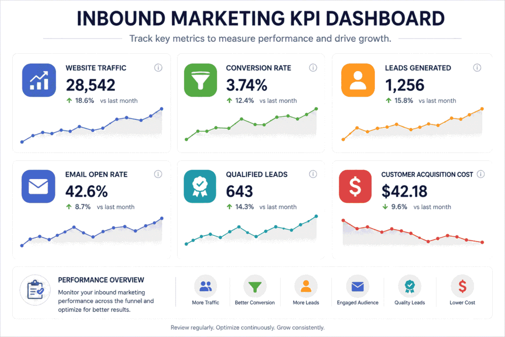 Inbound Marketing Workflow for Small Businesses 5 Inbound marketing KPI dashboard displaying website traffic, conversion rate, leads generated, email open rate, qualified leads, and customer acquisition cost to measure campaign performance and growth.