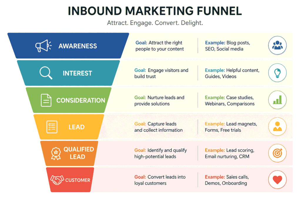 Inbound Marketing Workflow for Small Businesses 3 Inbound marketing funnel diagram showing the customer journey from Awareness and Interest to Consideration, Lead, Qualified Lead, and Customer, with goals and examples for each stage.