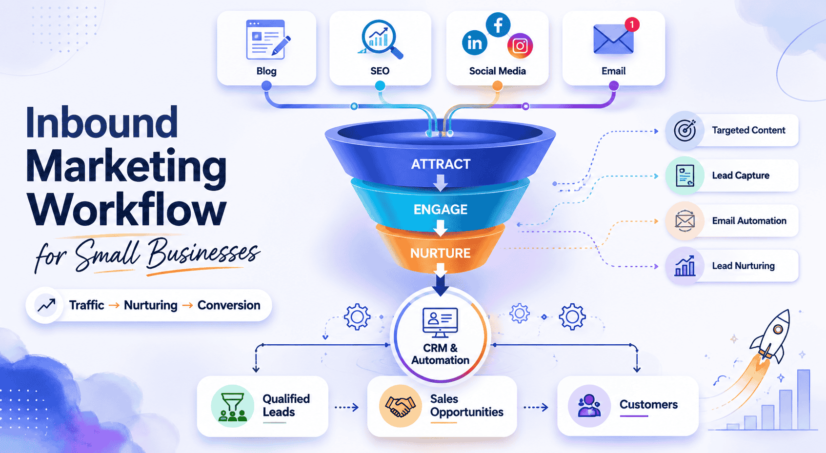 Inbound Marketing Workflow for Small Businesses 3 Inbound marketing workflow for small businesses showing SEO content, lead capture, CRM management, email automation, lead nurturing, lead scoring, and customer conversion process.