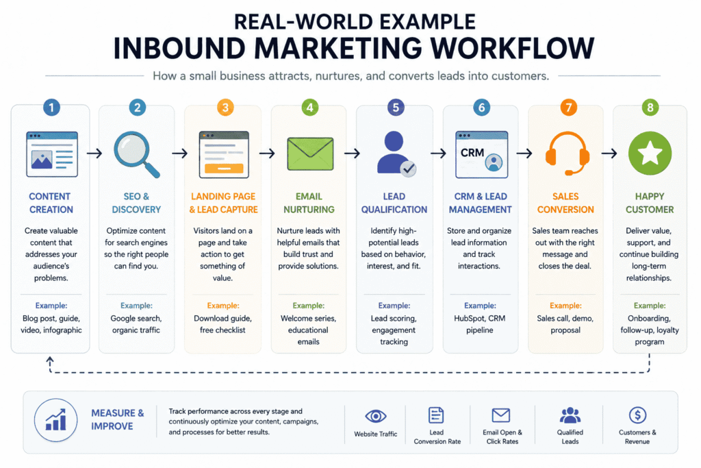 Inbound Marketing Workflow for Small Businesses 4 Real-world inbound marketing workflow diagram showing the journey from content creation and SEO to lead capture, email nurturing, lead qualification, CRM management, sales conversion, and customer retention.