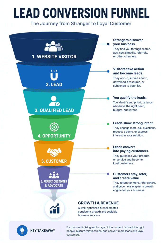 How to Convert Leads Into Customers Effectively (Complete Guide) 3 Lead conversion funnel showing the journey from website visitor and lead to qualified lead, customer, and repeat customer.