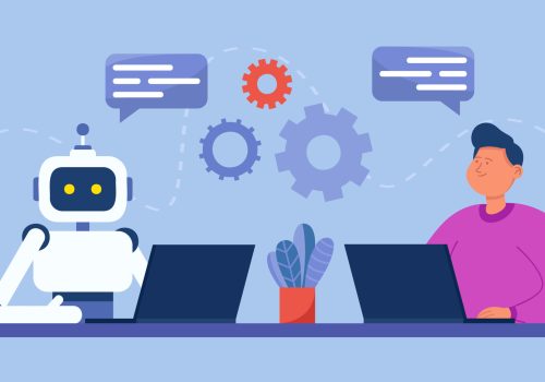 Man and robot with computers sitting together in workplace AI tools for automation